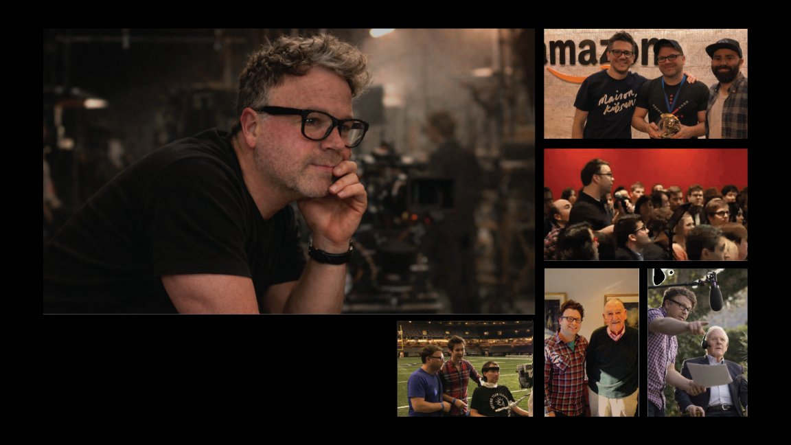 Behind-the-scenes images from Mike's career across film sets, agency rooms, and live events